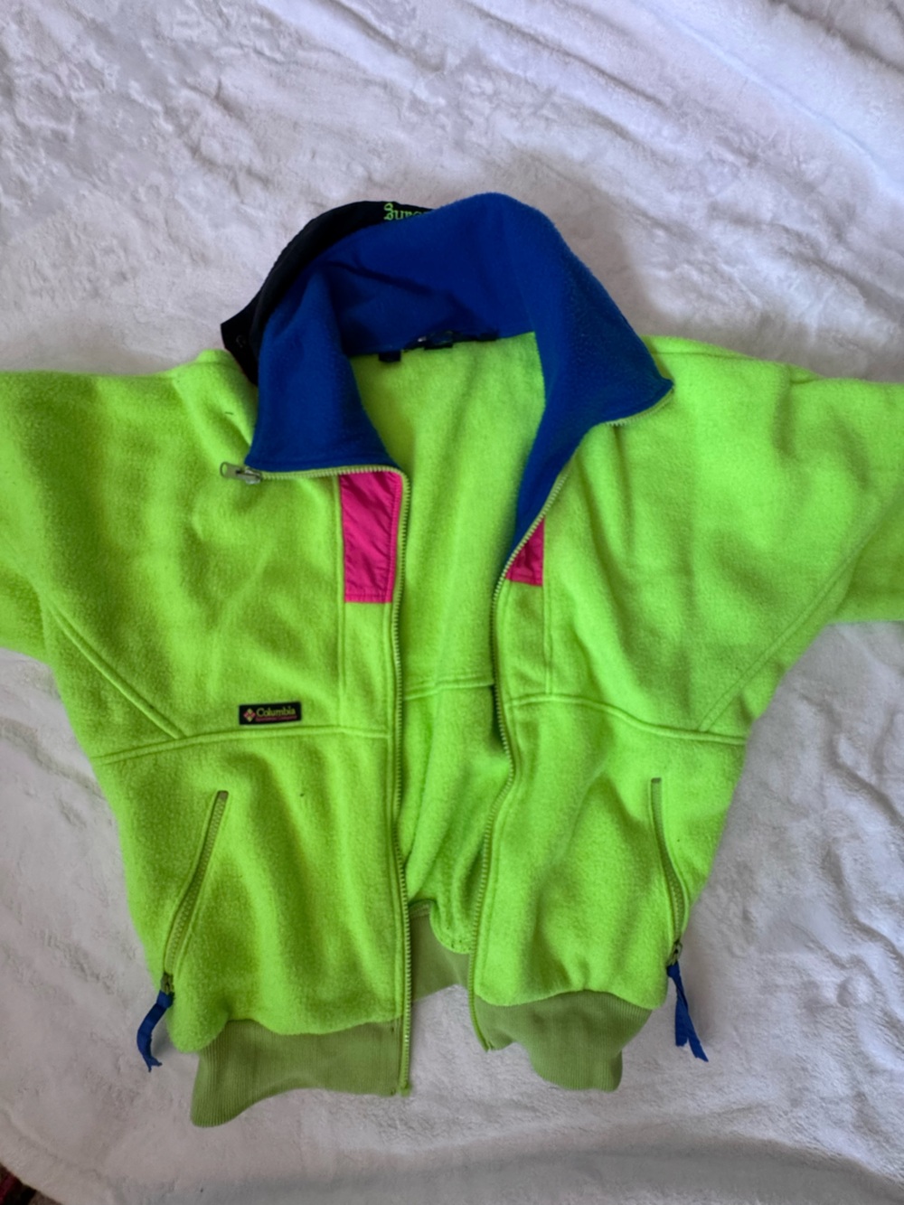 VTG 80s Columbia Neon Green Yellow Fleece Jacket with Blue and Hot Pink Wizbang